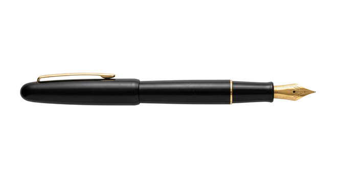 Elegant black fountain pen with a polished gold nib and clip on a solid dark background