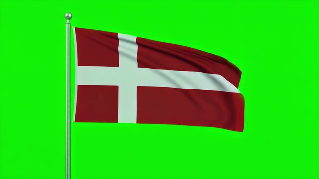 The national flag of Denmark, Dannebrog, waves gracefully on a green screen, perfect for chroma key projects.