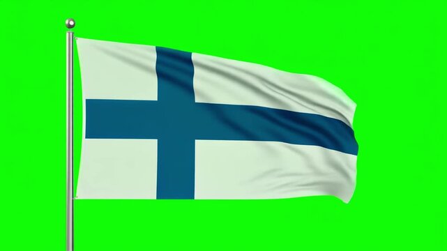 The national flag of Finland, featuring a blue Nordic cross on a white field, waves gently on a flagpole. Isolated on a green screen for easy keying and compositing.