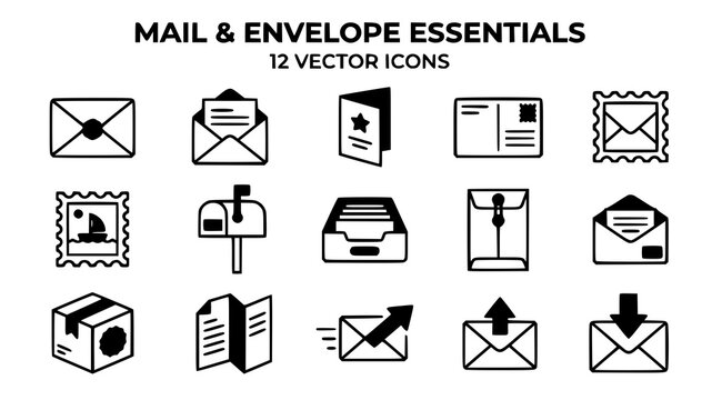 Mail and Envelope Essentials Color Icon Set with Sealed Letter, Open Mail, Postcard, Postage Stamp, Mailbox, String Envelope, Parcel, and Sent Inbox Vector Illustration