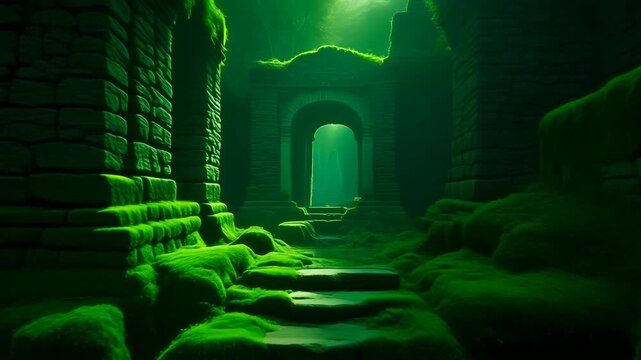 Mysterious Ancient Stone Ruins Covered in Lush Green Moss, Eerie Atmosphere