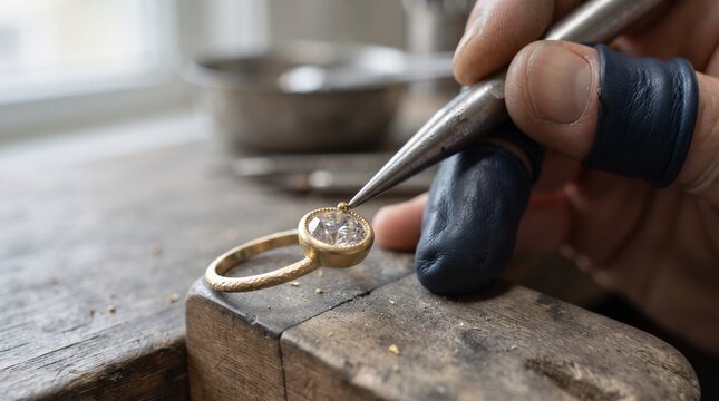 Craftsman jeweler setting a diamond into a gold ring in workshop