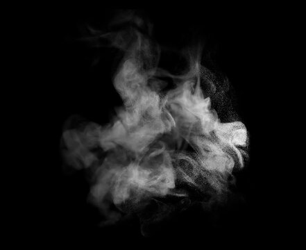 White smoke or steam burst with fine dust particles exploding on a black background. Concept of abstract vapor texture, dramatic visual impact, and dynamic special effect overlay.