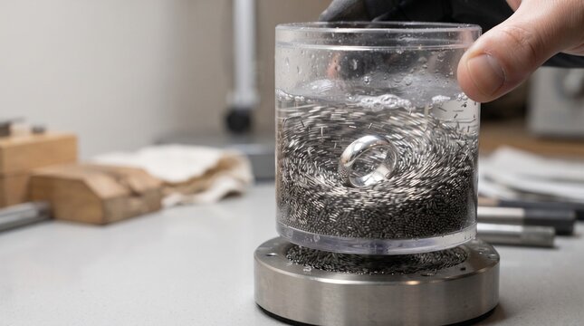 A ring being polished inside a magnetic tumbler with stainless steel pins