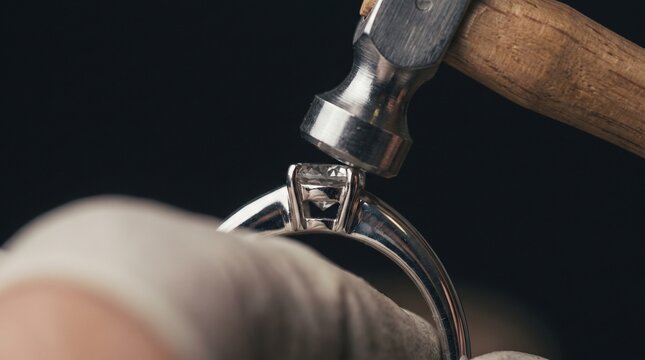 Jeweler hitting a diamond ring setting with a small hammer in workshop