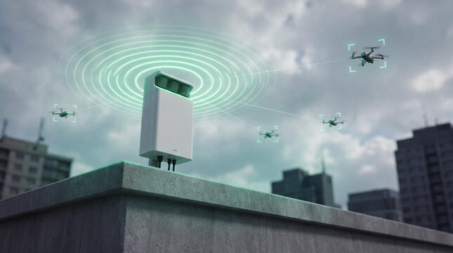 Futuristic drone detection radar system on rooftop, smart anti-drone security device, urban airspace surveillance technology background