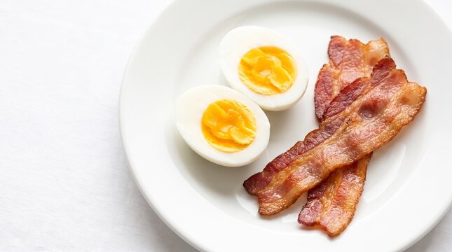 Hard boiled eggs and crispy bacon on a white plate isolated on white background