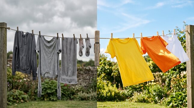 Clothesline with colorful laundry hanging outdoors in garden daylight