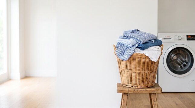 Wicker laundry basket filled with clothes on stool isolated on white background