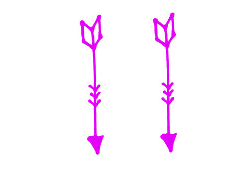 Pair of magenta tribal arrows pointing down isolated on white, boho style doodle vector illustration with feather fletching, perfect for infographic, presentation and creative design projects