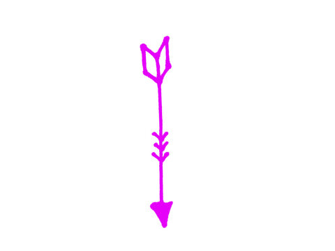 Magenta hand drawn tribal arrow pointing down isolated on white, boho style doodle vector illustration with feather fletching, perfect for infographic, presentation, logo and creative design projects