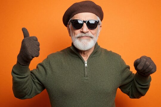 Mature bearded man in brown beret, sunglasses shows thumbs up gesture. Senior male model wears green sweater, gloves against orange background. Stylish elderly person poses with positive expression