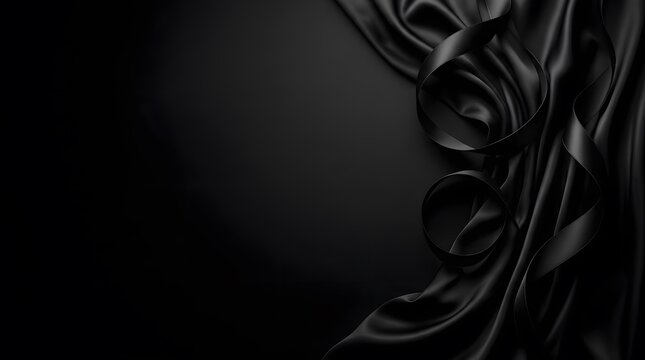 Luxurious black silk fabric drapery with decorative ribbons on dark background for elegant event styling.