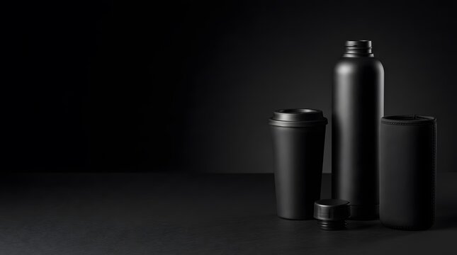 Minimalist black thermal bottle and coffee tumbler with lid on dark background for eco friendly beverage storage.