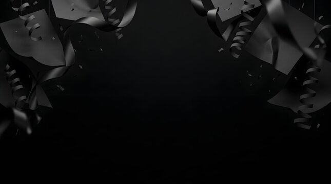 Black festive confetti and ribbons falling on dark background for mysterious holiday celebration or event.