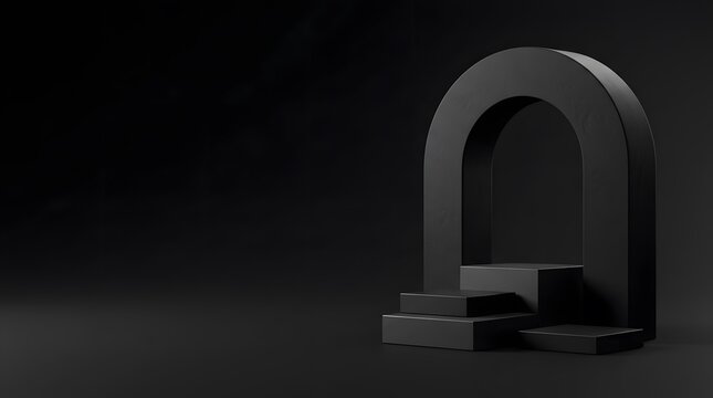 Minimalist black podium with arch structure for architectural product presentation and cosmetics showcase.