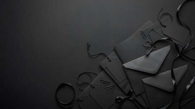 Black envelopes tags and ribbons on dark surface for invitation and gift wrapping.