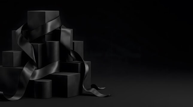 Stack of black geometric boxes with silk ribbon for product display and luxury presentation.