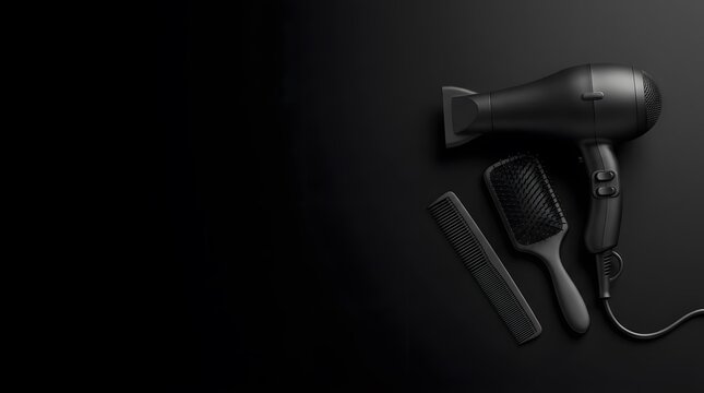 Professional black hair dryer with hairbrush and comb set on matte dark surface.