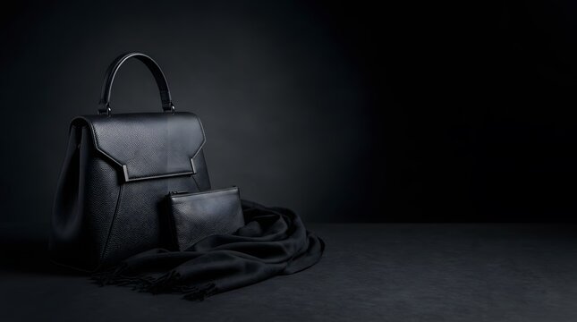 Elegant black leather handbag with matching wallet and scarf on dark grey surface.