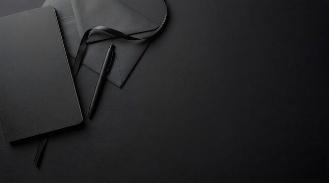 Black notebook with pen and envelope lying on dark background with ribbon accent.