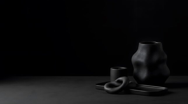 Modern matte black ceramic vase and decorative objects arranged on dark table surface.