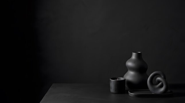Black decorative ceramic objects with candle and tray placed on sleek dark table.
