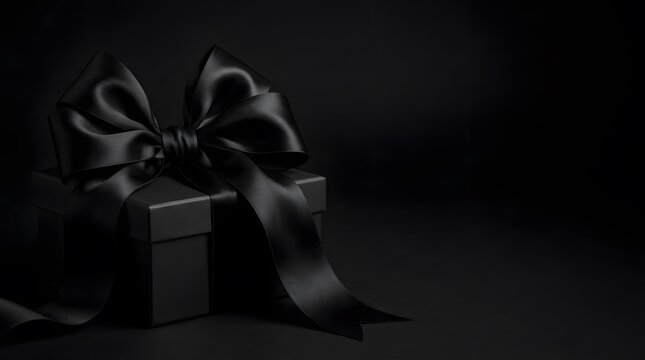 Luxurious black satin ribbon tied as a bow on a sleek black gift box.