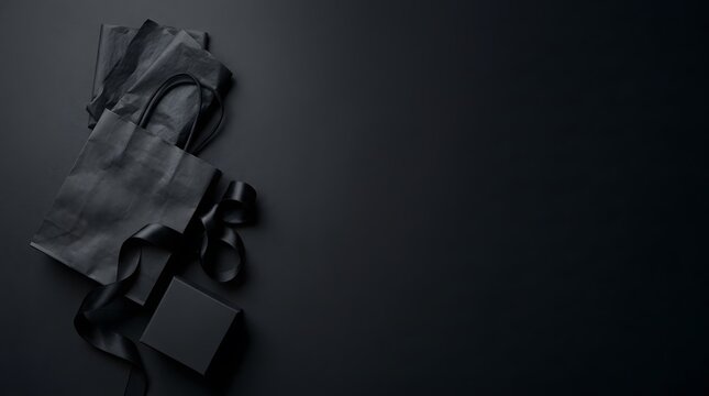 Black shopping bag with gift box and ribbon on a plain dark background.