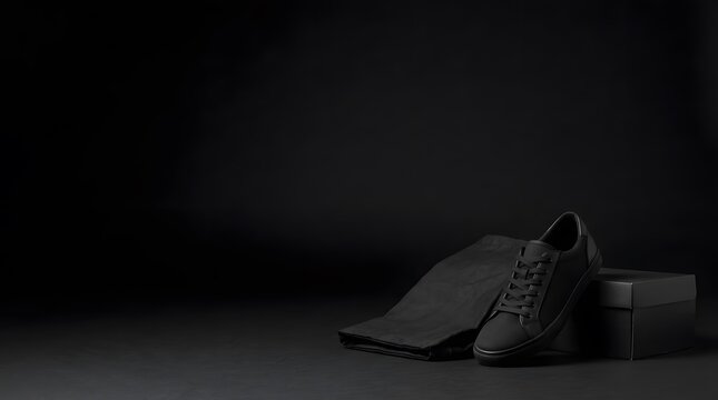 Classic black leather sneaker with matching trousers and shoebox for minimalist men fashion display.