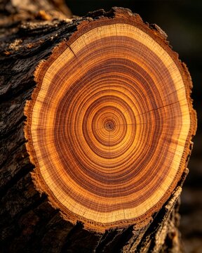Close up view of tree log cross section showing detailed annual growth rings and natural wood texture