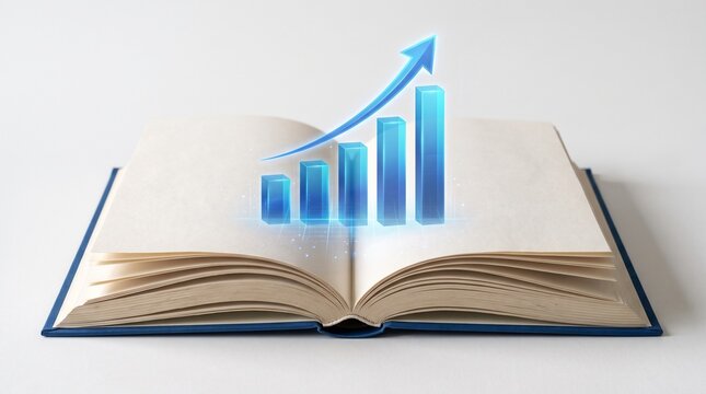 Open Book with Growth Chart: An open book displays a glowing blue bar graph with an upward trending arrow, symbolizing business growth, learning, and progress.