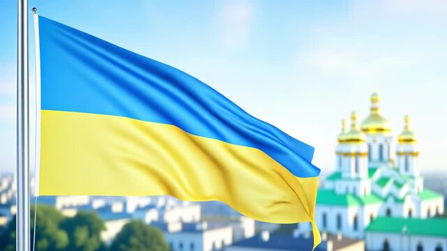 The national flag of Ukraine waves proudly in the wind, set against a blurred cityscape featuring a historic church.