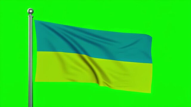 The national flag of Ukraine proudly waves on a flagpole, isolated on a green screen for easy compositing and visual effects.