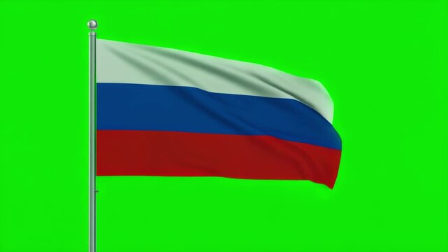 The national flag of the Russian Federation waves gracefully on a flagpole with a chroma key background.