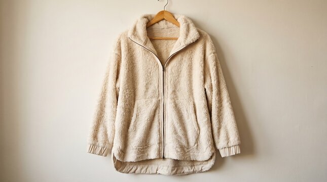 Warm cream fluffy teddy fleece jacket mockup on wooden hanger for winter fashion collection