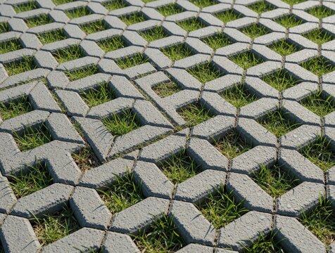 Grey concrete lawn grid with green grass growing through cells. Geometric pattern of paving blocks creates eco friendly driveway sidewalk. Modern landscape design with permeable pavers for urban