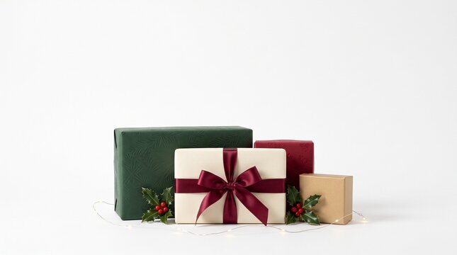 Four rectangular christmas presents with holly sprigs and delicate string lights on white background.