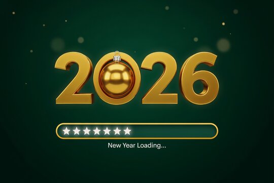 3d gold 2026 new year loading progress bar with christmas ornament on dark green background