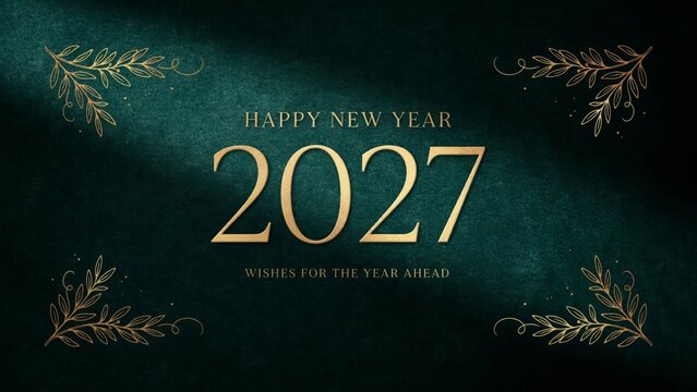 Elegant happy new year 2027 greeting card with gold typography and floral ornaments on a dark green textured background