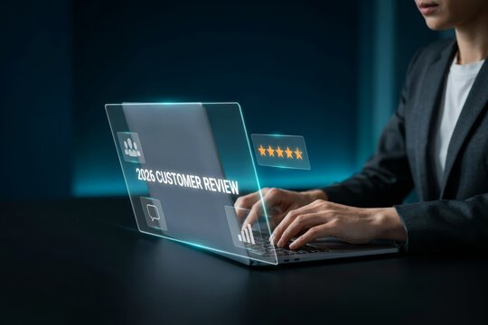 Professional using a laptop with a digital holographic interface displaying 2026 customer review analytics and fivestar ratings