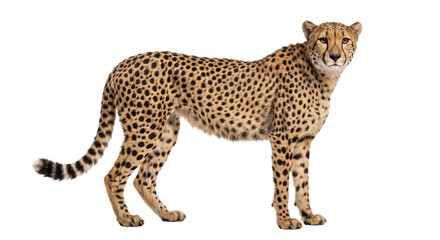 Full-body cheetah standing alert with a spotted coat and long banded tail against black © Ophelia