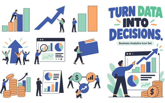 Business Analytics and Data Driven Decision Making Vector Illustration Set