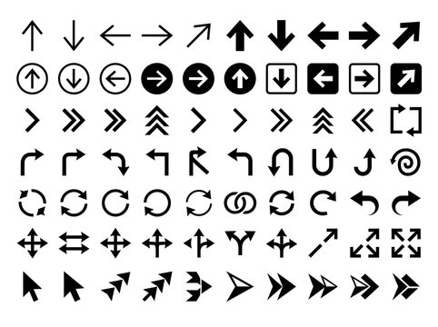 Black arrow icons set including navigation and pointer isolated on