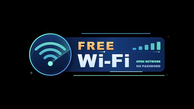 Digital banner displaying free wireless internet access with signal strength indicator on a dark background