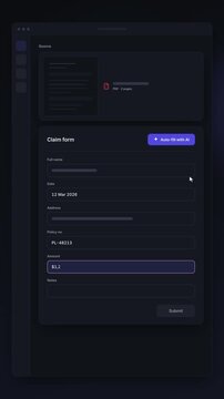 AI-powered form autofill interface demonstration showing automated data entry from PDF document into digital claim form fields with success confirmation and submission actions