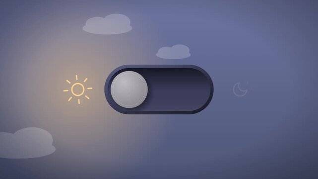 Day and night mode toggle switch animation against a stylized sky with clouds with background transitions night
