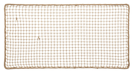 Rectangular tan rope net with tight square mesh and reinforced edges on a dark background © Ophelia