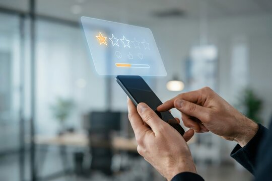 Closeup of a person using a smartphone to provide a onestar rating on a virtual interface in a modern office setting