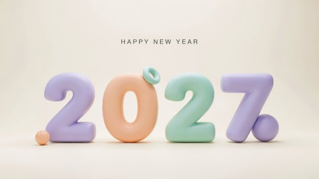 3d render of the year 2027 with pastel colored numbers and a happy new year greeting on a soft neutral background